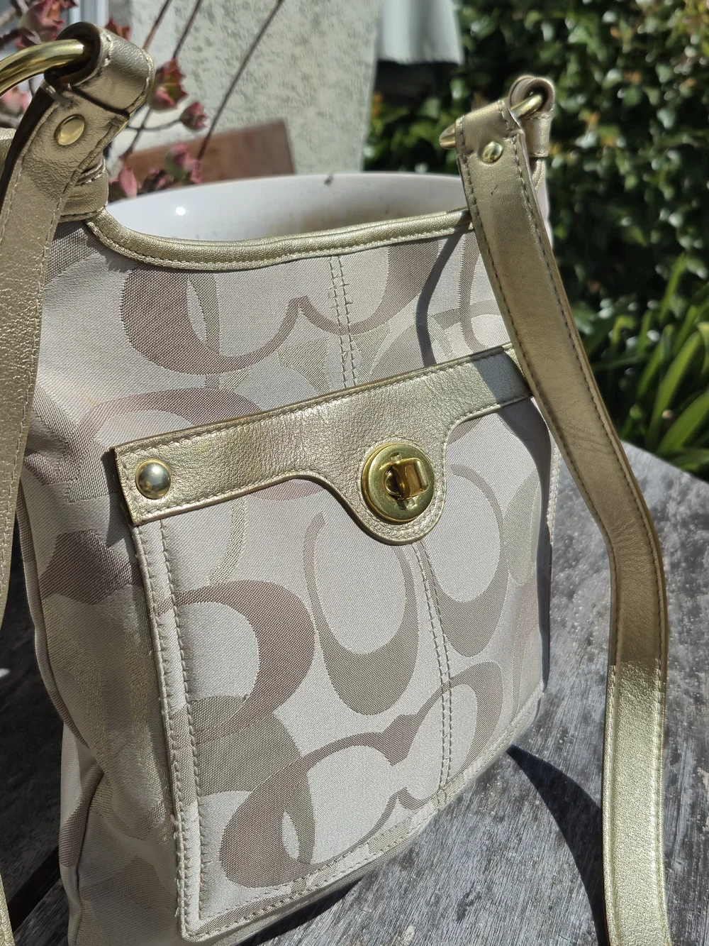 Beige Signature Pattern Crossbody Bag with Gold Accents